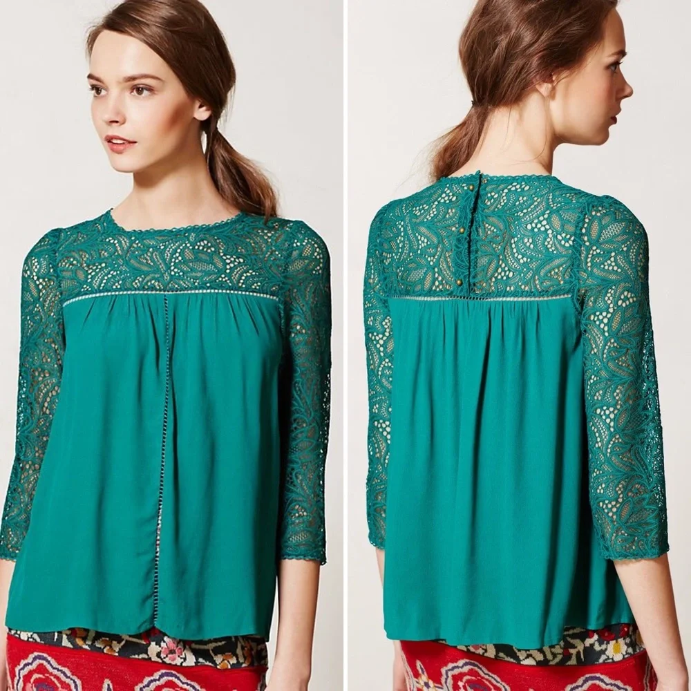anthro | moulinette soeurs lace cloaked emerald green blouse 2 petite